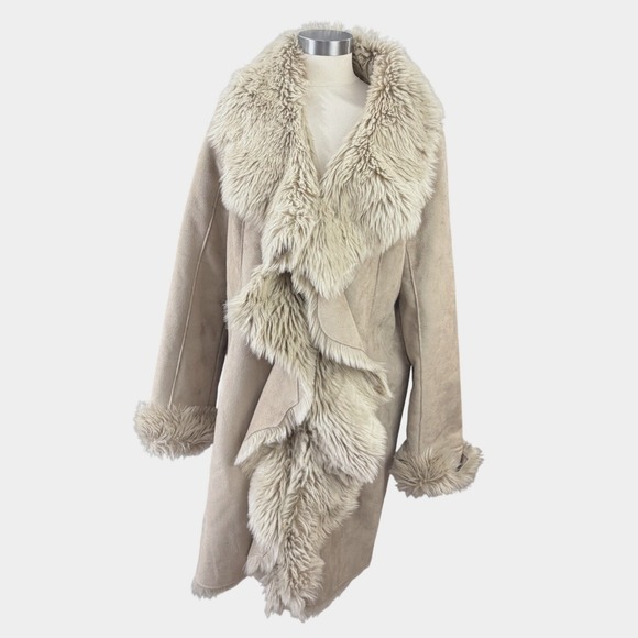 Donna Salyers Fabulous Furs Jackets & Blazers - NWT Donna Salyers Fabulous Furs Sand Faux Suede Fur Trim Draped Coat XL NEW